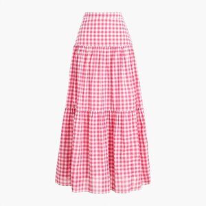 J Crew Pink White Gingham Check Tiered Maxi Skirt 6